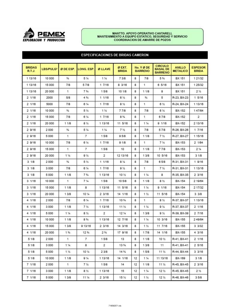 Tabla Esp. de Bridas RTJ Cameron | PDF | Ajedrez
