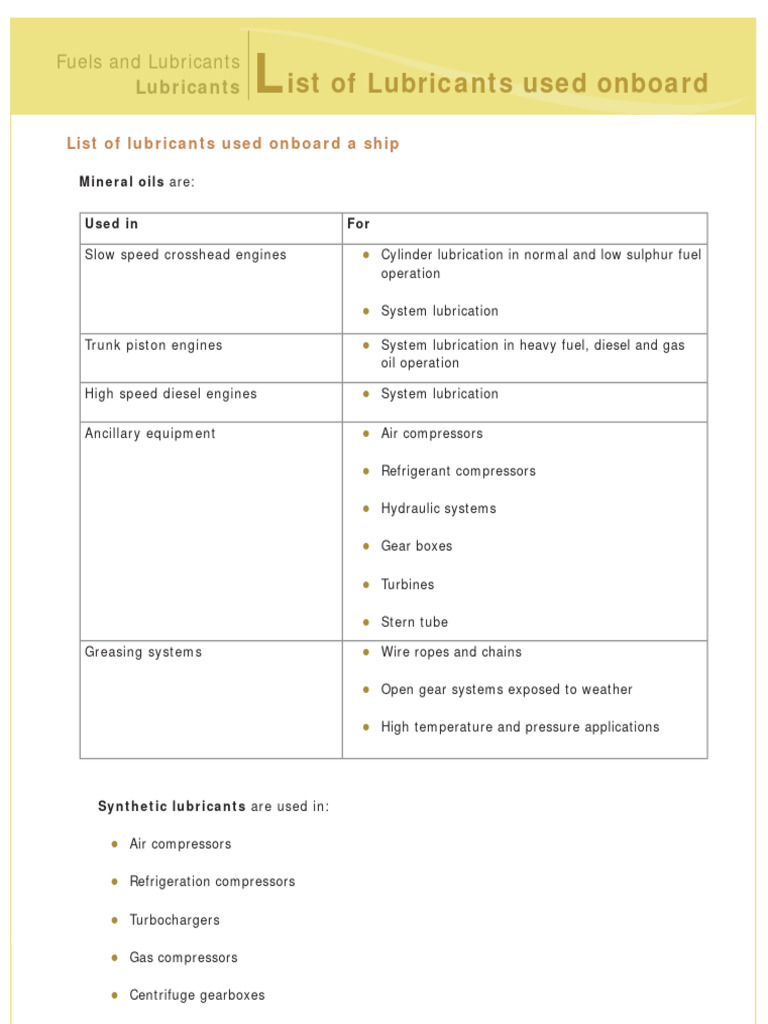 List of Lubricants Used Onboard A Ship PDF Mechanical Engineering
