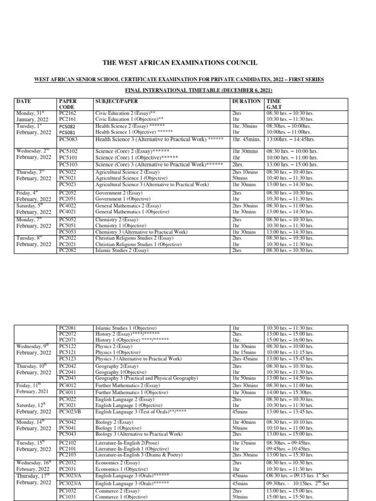 Waec Gce Timetable 1st Series O3schools Pdf Social Science