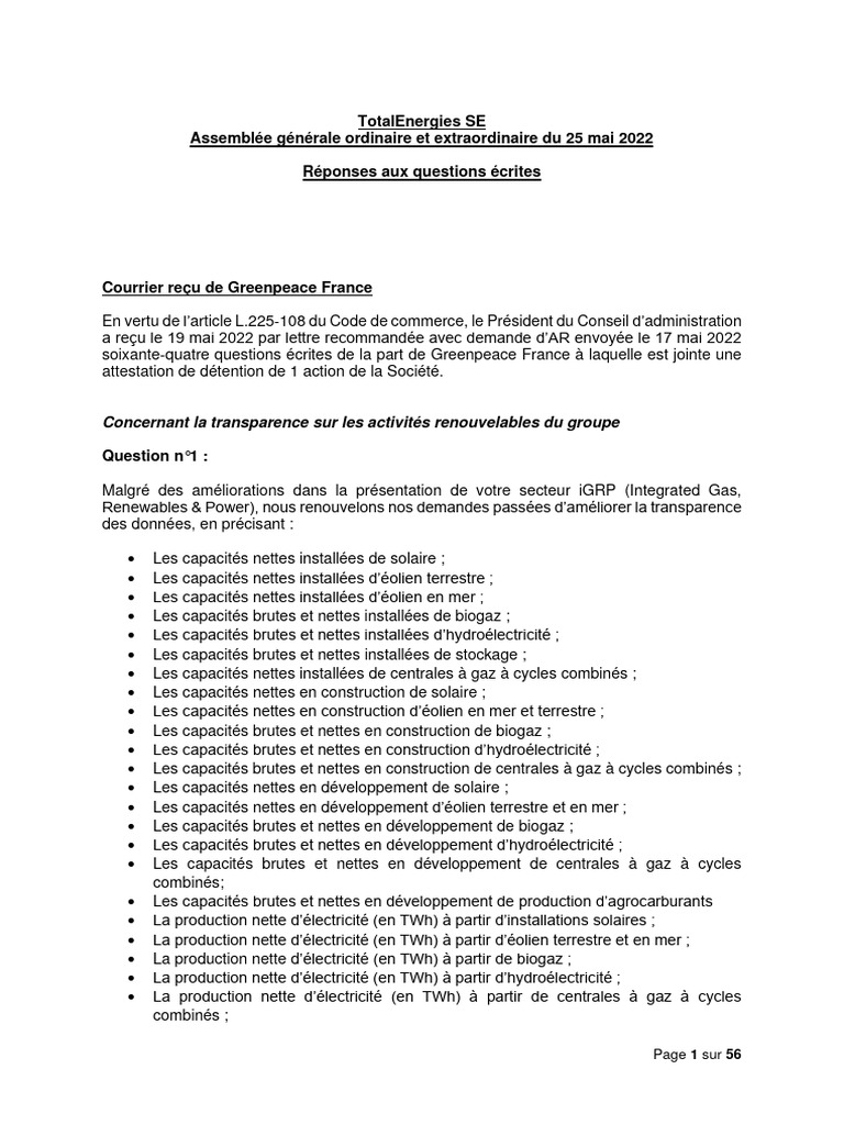 Reponses Aux Questions Ecrites Posees Dans Le Cadre Prevu Par La ...