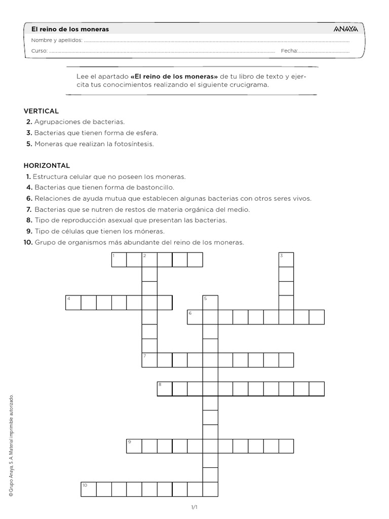 Crucigrama Moneras - bg1 | PDF | Biología