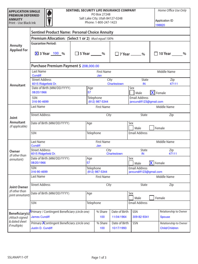 Sentinel Product Name: Personal Choice Annuity Premium Allocation ...