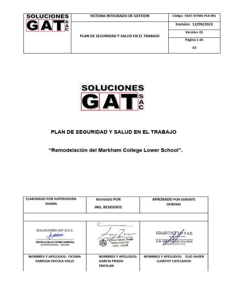 SGAT-SSTMA-PLN-001 Plan Seguridad y Salud en El TrabajoV1 | PDF