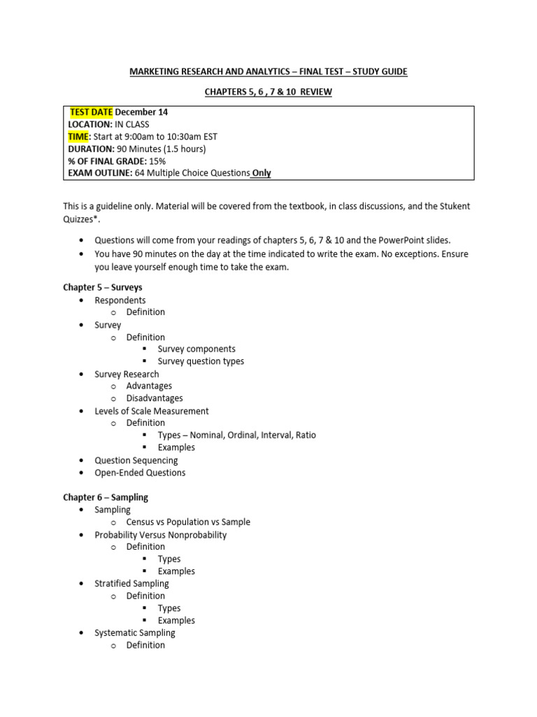 MKTG 203 Final Exam Study Guide | PDF | Sampling (Statistics) | Survey ...