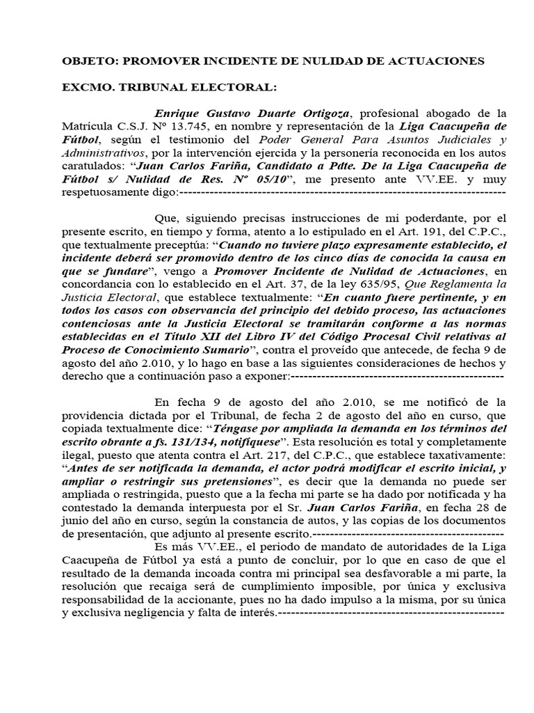 Incidente de Nulidad de Actuaciones | PDF | Demanda judicial | Ley procesal