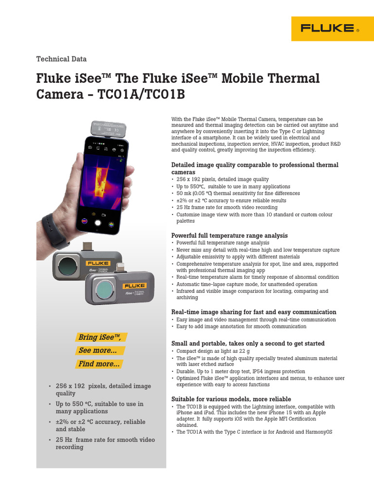 Fluke-iSee™-Mobile-Thermal-Camera-Datasheet-TC01B_Colterlec, PDF, Thermography