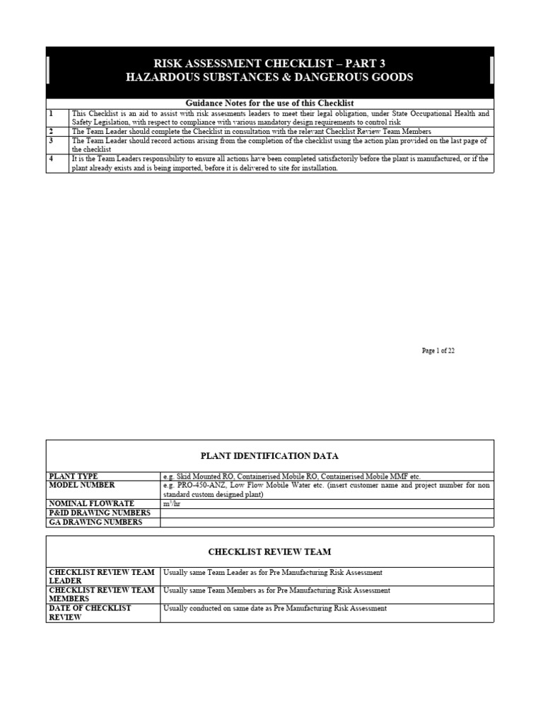 Risk Assessment Checklist Part 3 Hazardous Substances Dangerous Goods