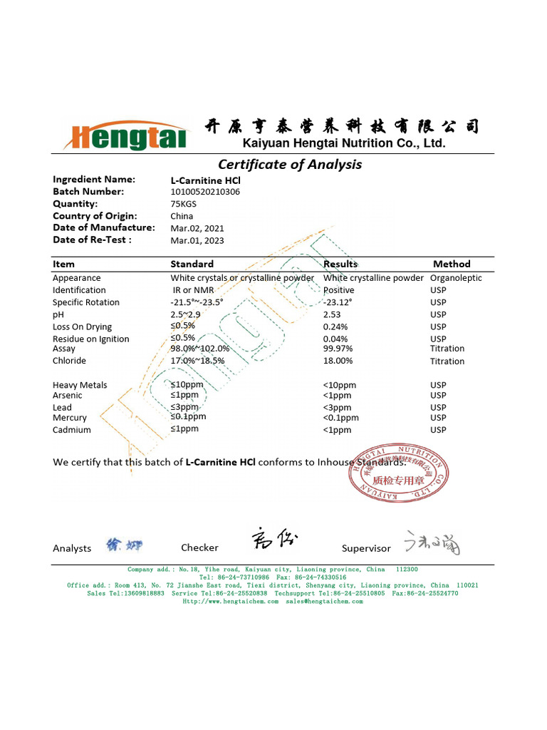 L-Carnitine HCl Certificate of Analysis | PDF