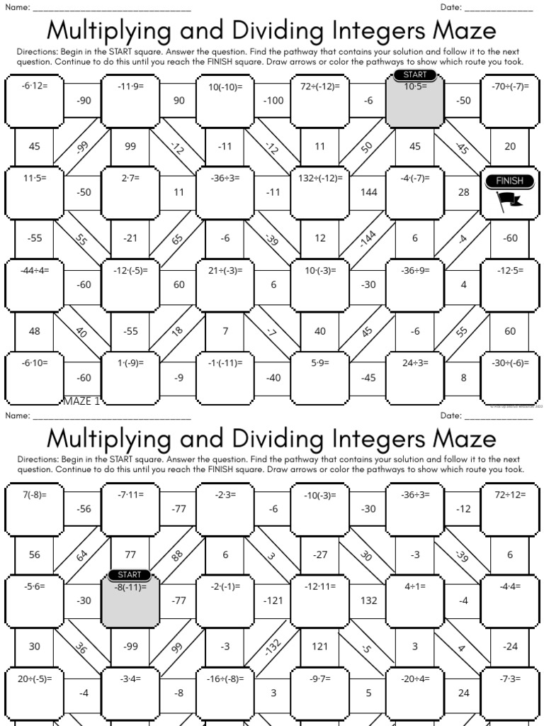 Multiplying and Dividing Integers Math Mazes PDF Maze Mathematics