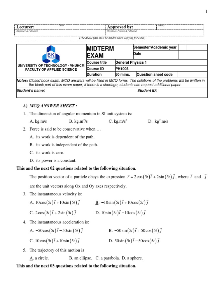 Physics Midterm Exam MCQs and Problems | PDF | Science & Mathematics