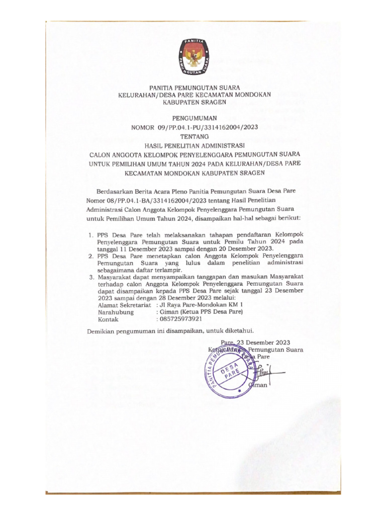 Pare pengumuman seleksi administrasi kpps pdf