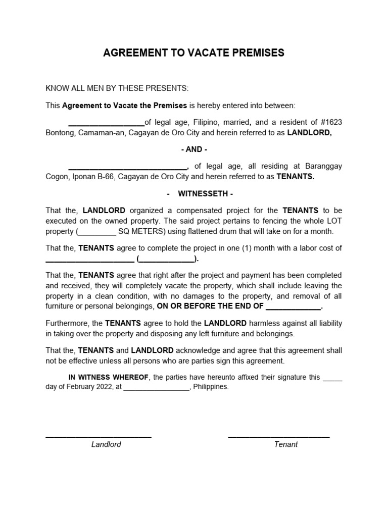 Agreement To Vacate Premises Sample PDF
