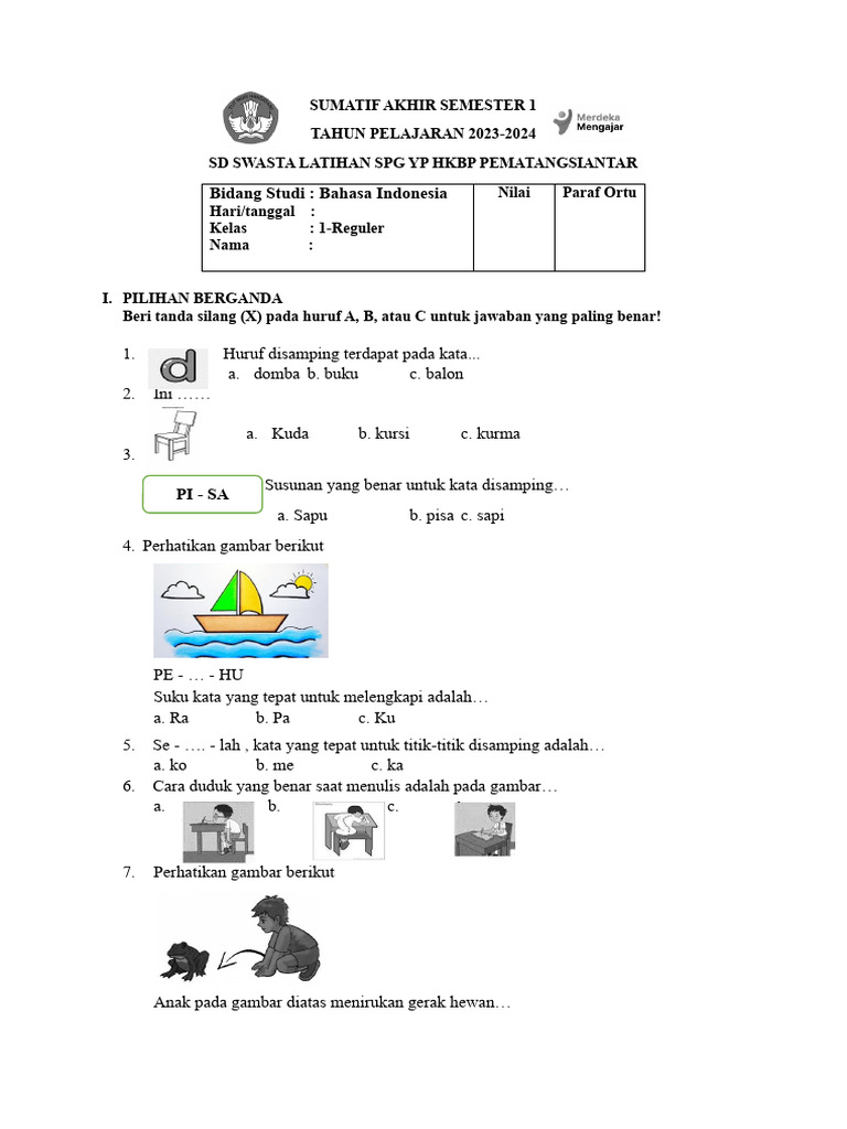 Ujian Bahasa Indonesia Kelas 1 | PDF | Sports & Recreation | Language ...