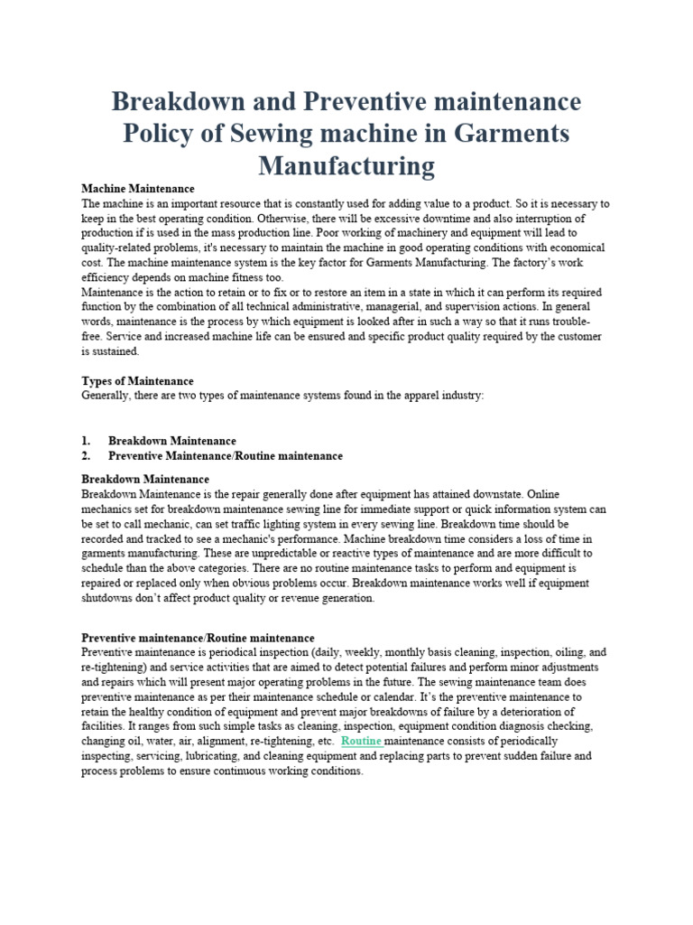 Breakdown and Preventive Maintenance Policy of Sewing Machine in Garments Manufacturing | PDF ...