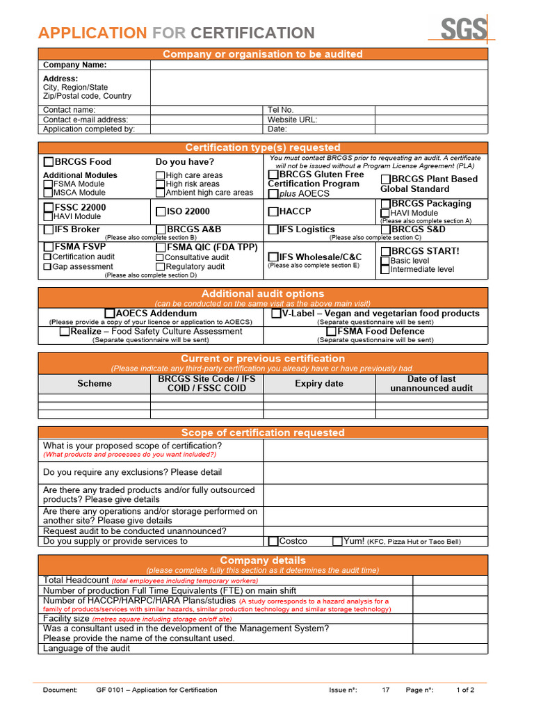 FSMA Certification Application Form | PDF