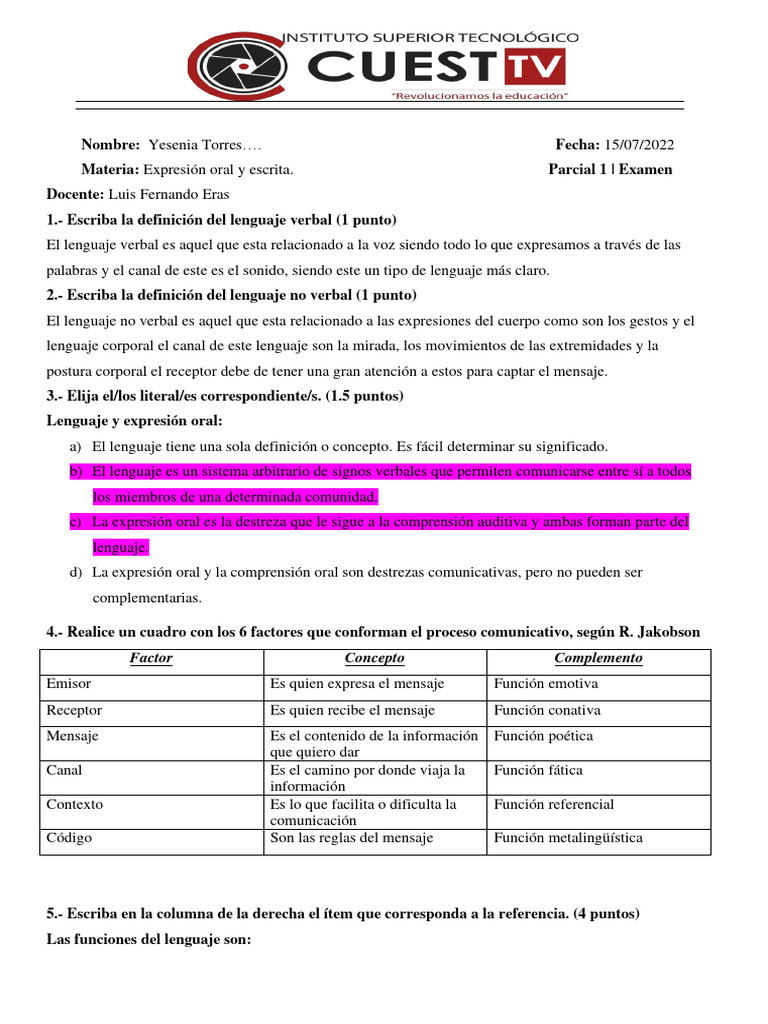 Examen-Expresion Oral y Escrita-Parcial1-Instituto Cuest TV | PDF ...
