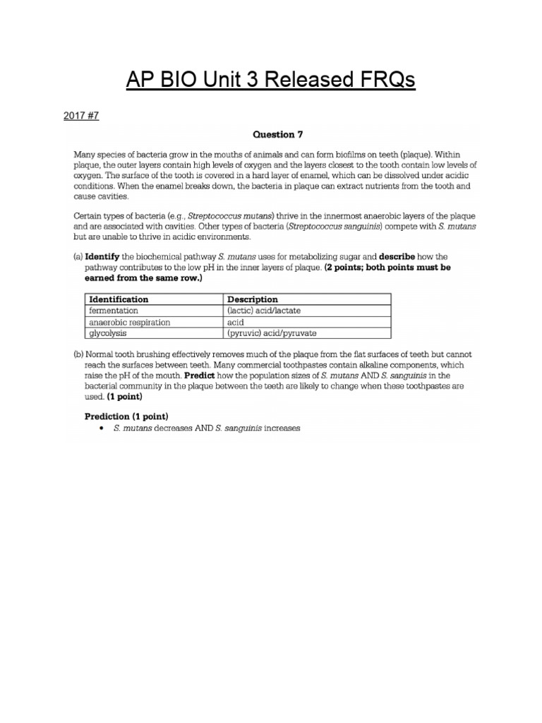 AP BIO Unit 3 Released FRQs PDF