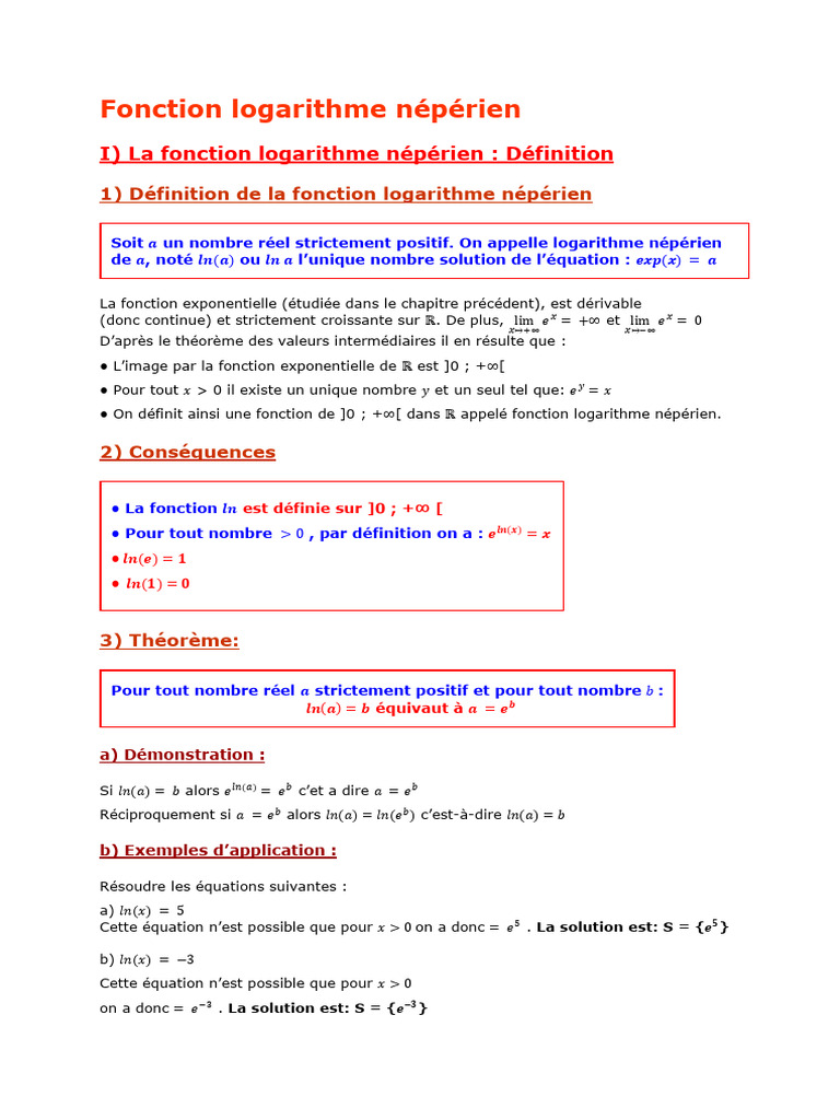 Propriétés du logarithme népérien | PDF | Fonction exponentielle ...