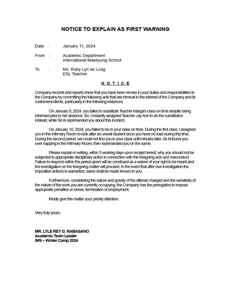 NOTICE TO EXPLAIN PDF