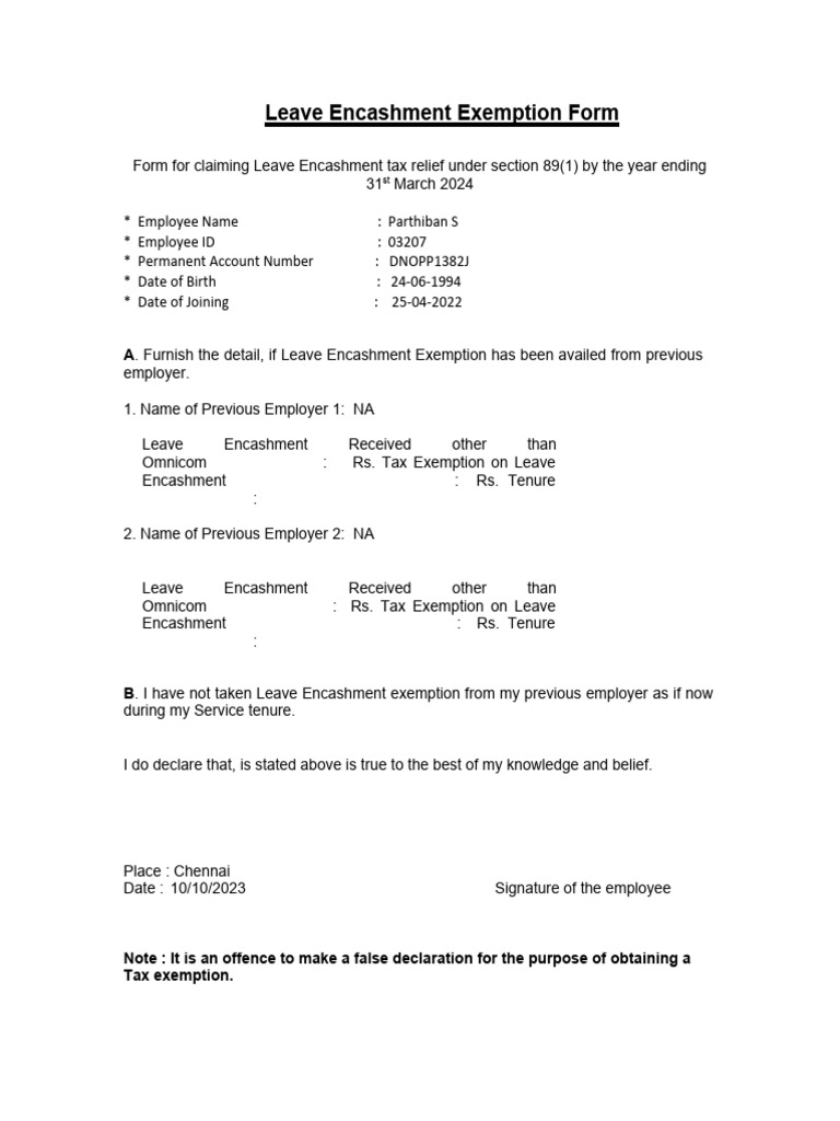 Leave Encashment Exemption Declaration Format