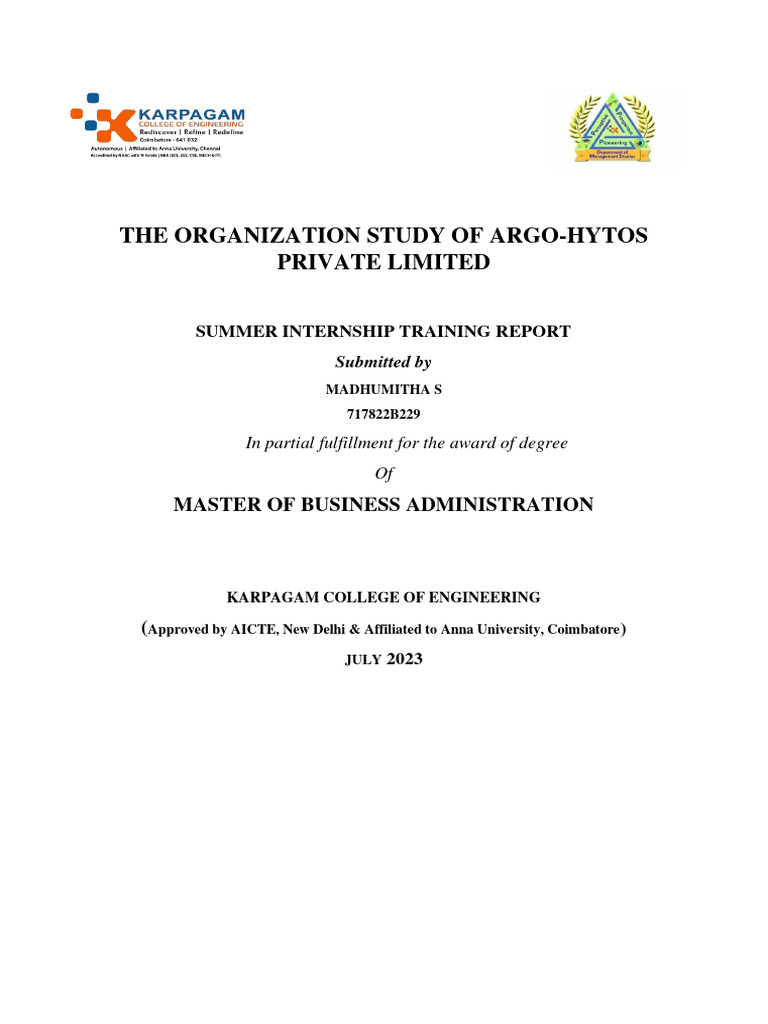 Argo-Hytos Pvt Ltd Internship Report | PDF | Human Resources | Invoice