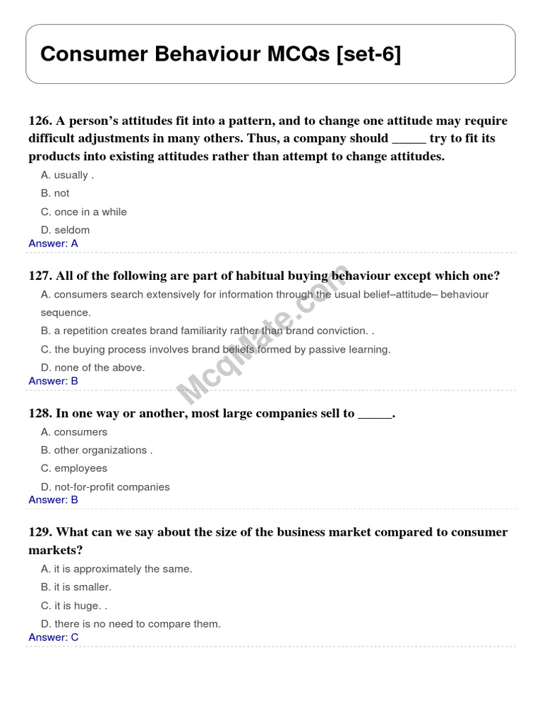 Consumer behaviour mcqs set 6 answer a pdf