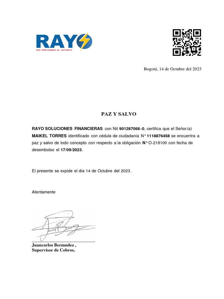Certificación de Paz y Salvo 2023 | PDF