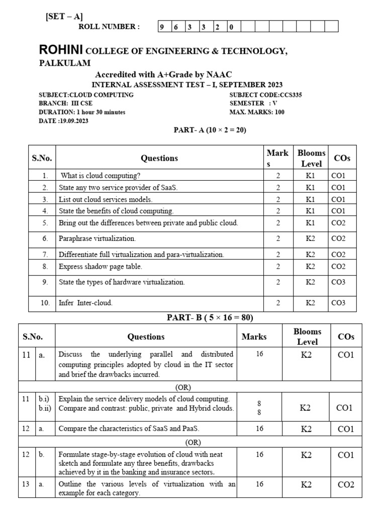 Iat 1Cloud Computing Question Paper PDF Virtualization Cloud