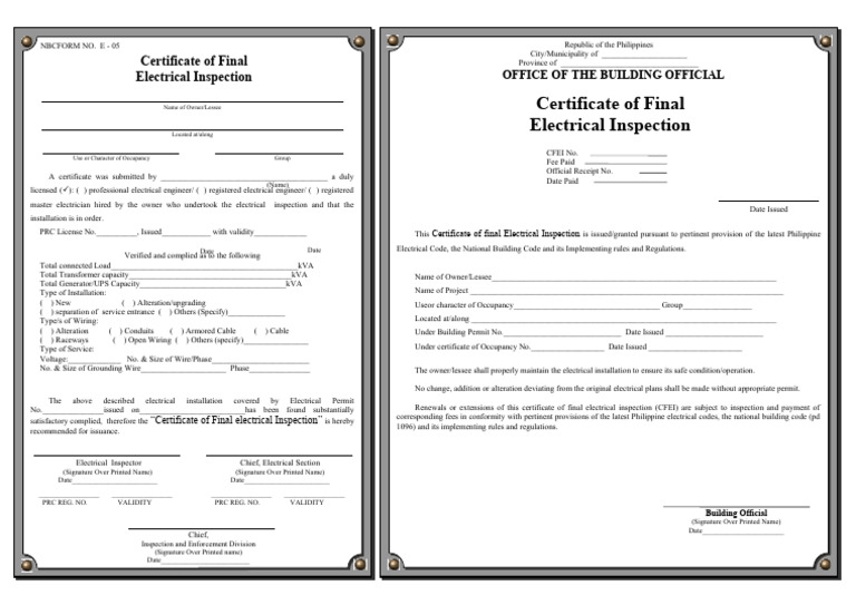 Certificate Of Final Electrical Inspection Requirements