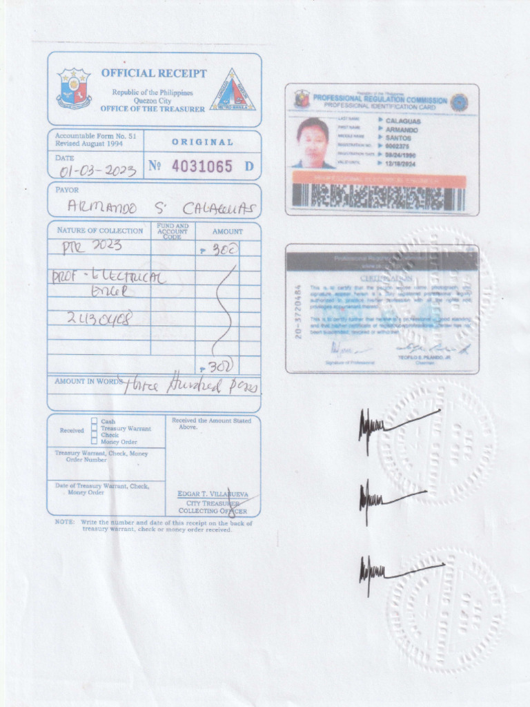 Photocopy of Valid PRC Id and Current PTR of Professional W 3 Specimen ...