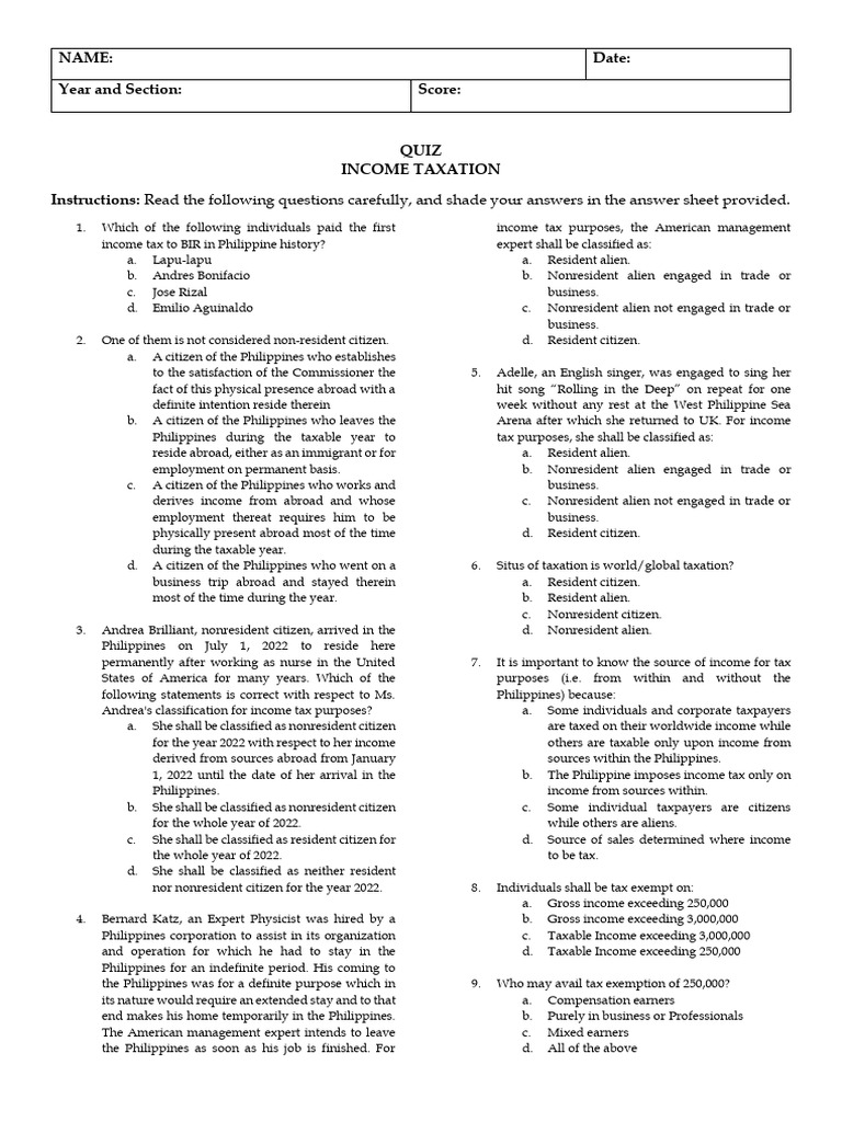Income Taxation Quiz Questions | PDF | Gross Income | Taxes