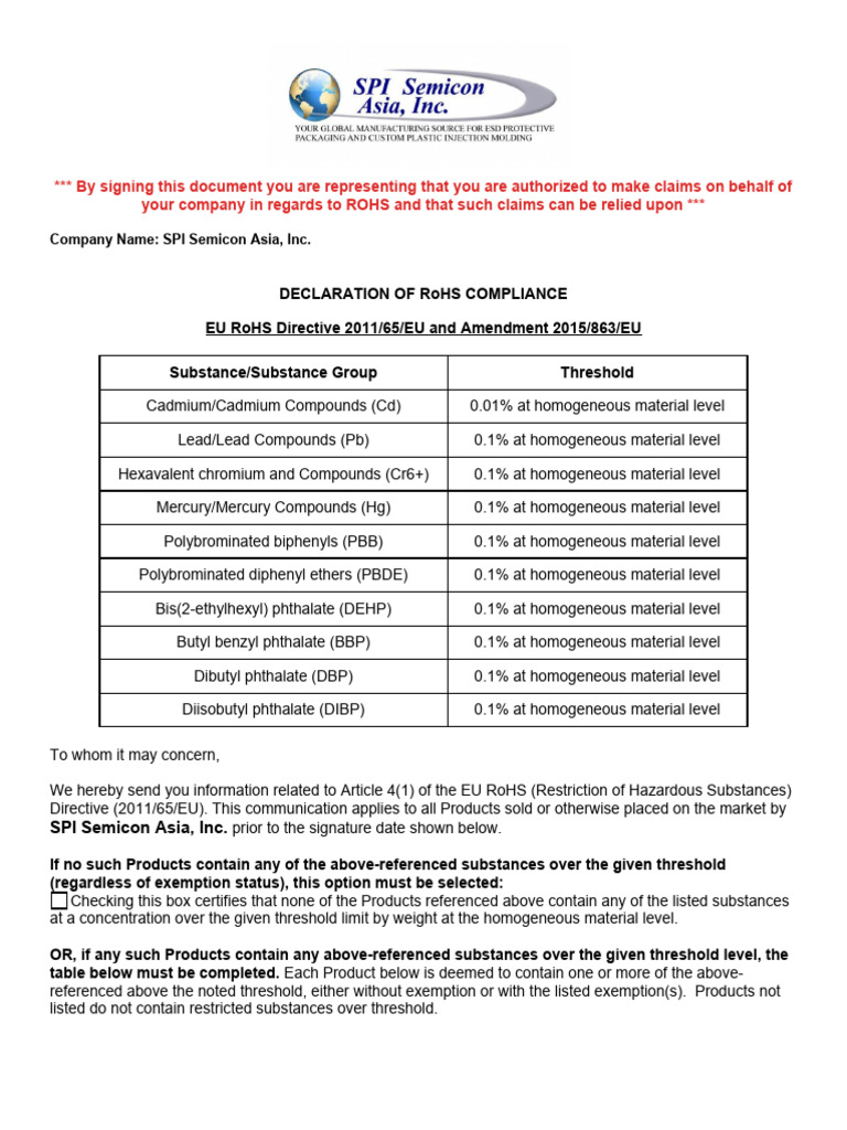 EU RoHS Declaration Template English 2021 PDF Physical Sciences