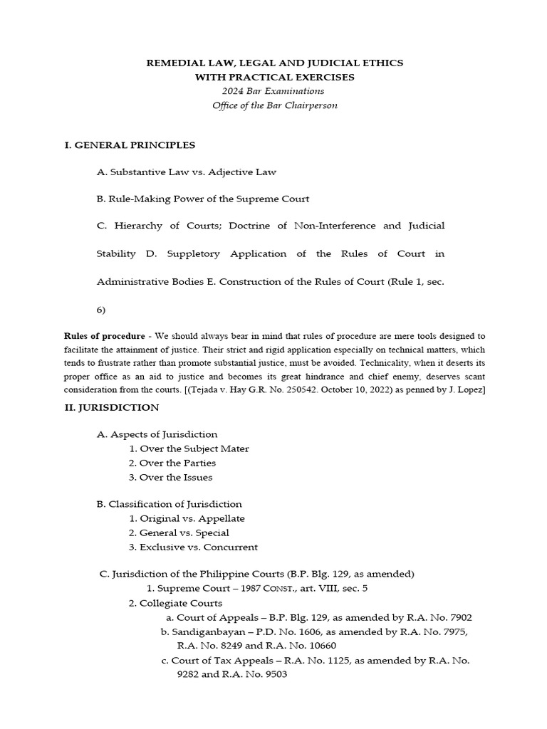 2024 remedial law bar syllabus pdf lawyer evidence law 