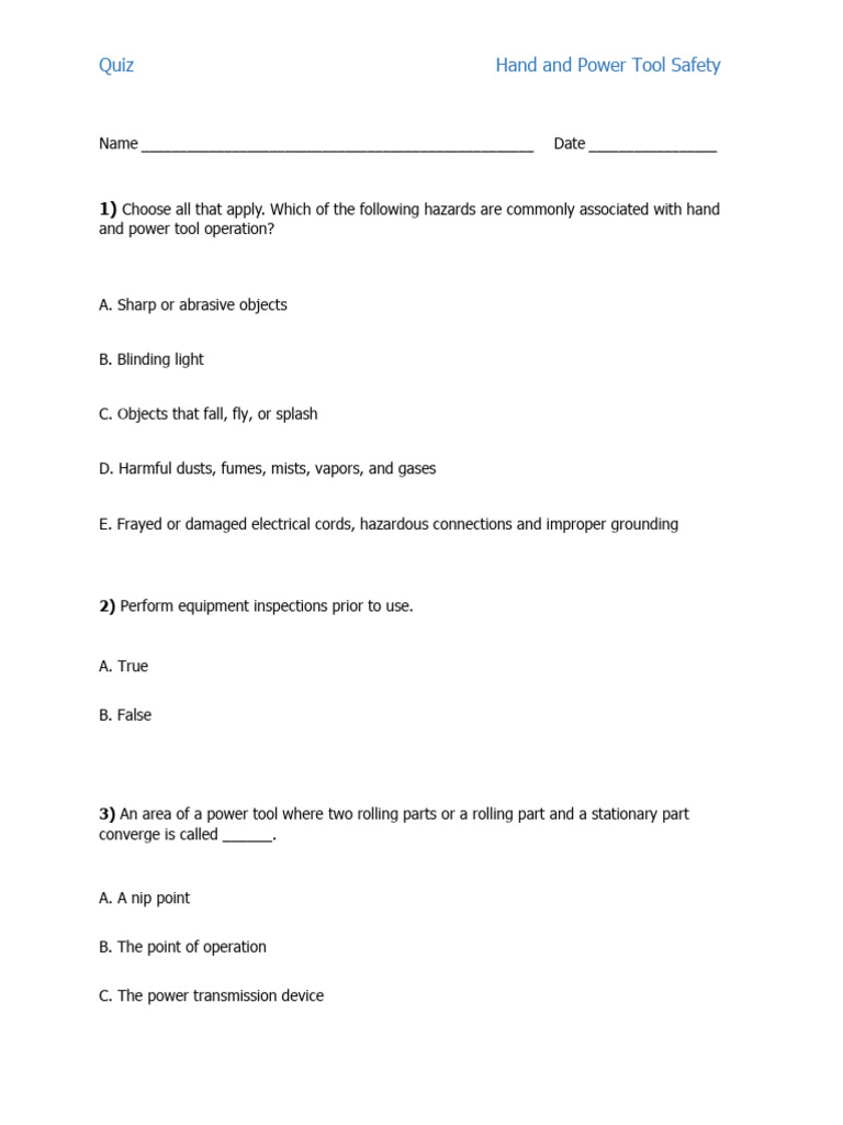 Hand and Power Tool Safety English Quiz | PDF | Tools | Personal ...