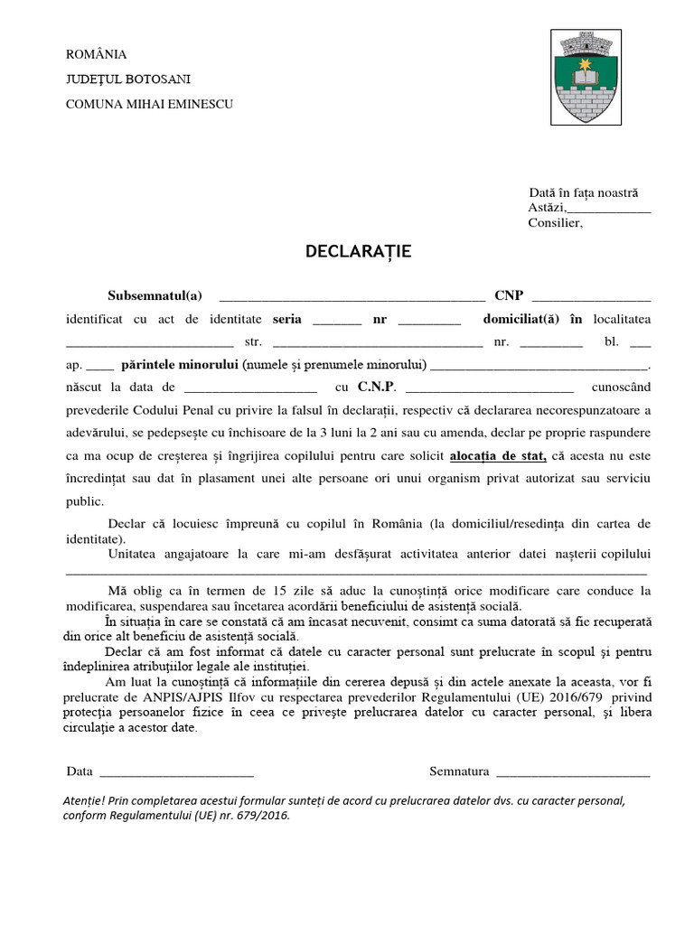 Alocație de Stat - Declarație (Pentru Ambii Părinți) | PDF