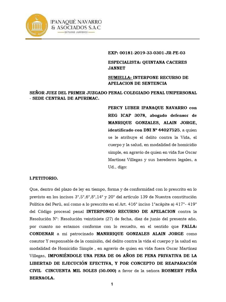 Recurso de Apelación Contra Sentencia de Primera Instancia | PDF