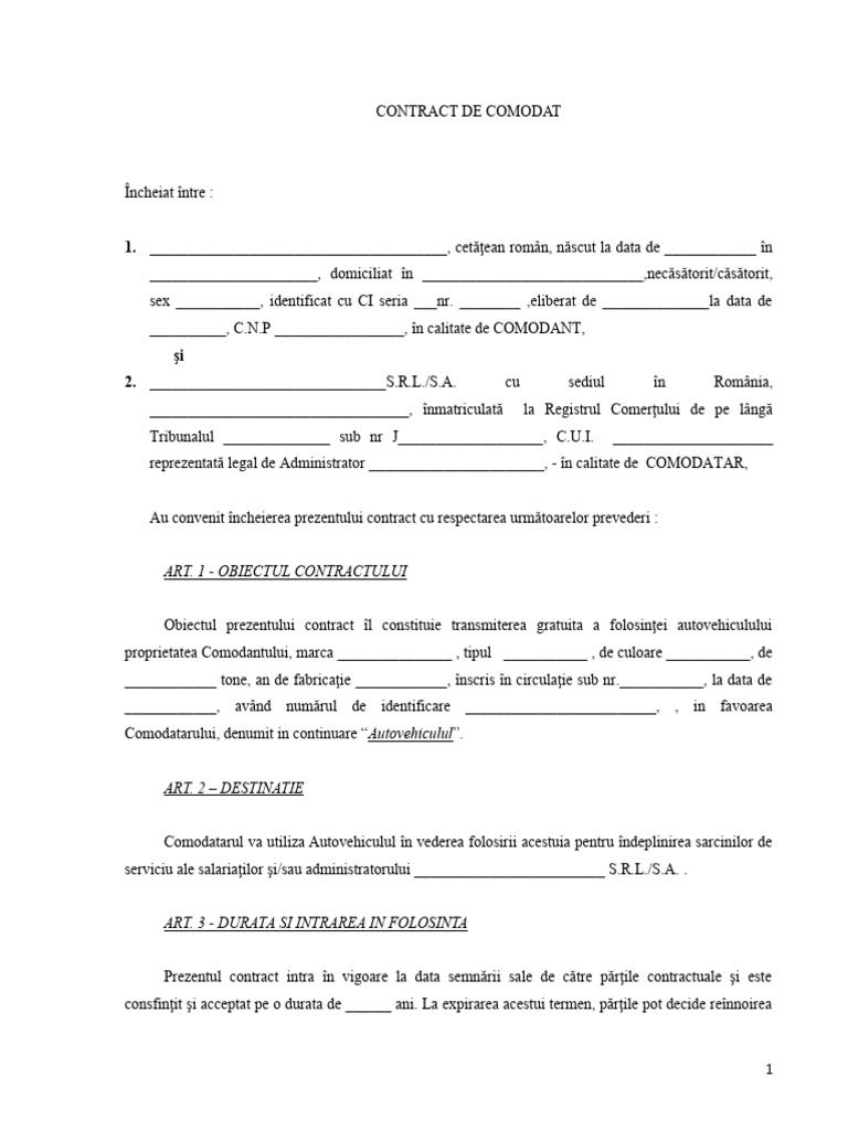 Contract de Comodat Tipizat PF - PJ | PDF