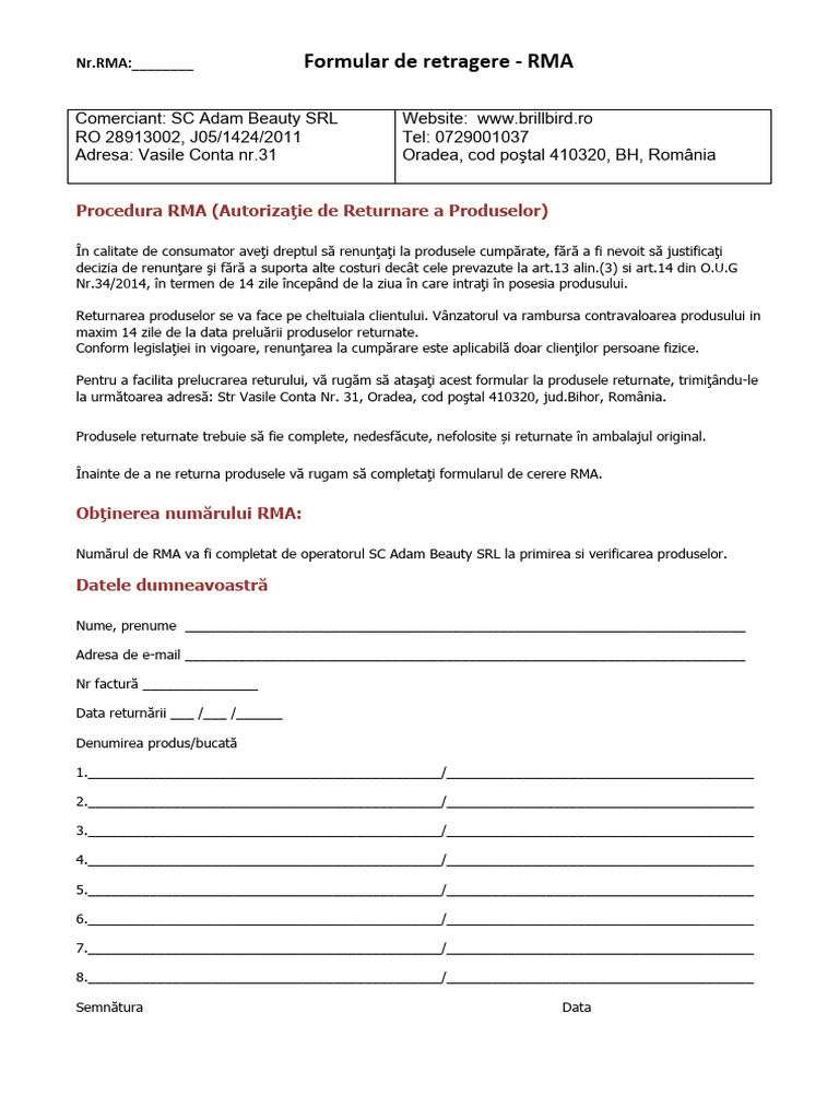 Formular RMA 1 | PDF