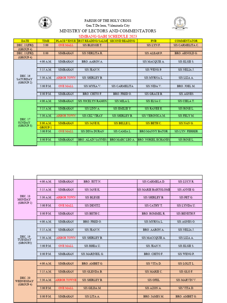 Simbang Gabi Schedule PDF