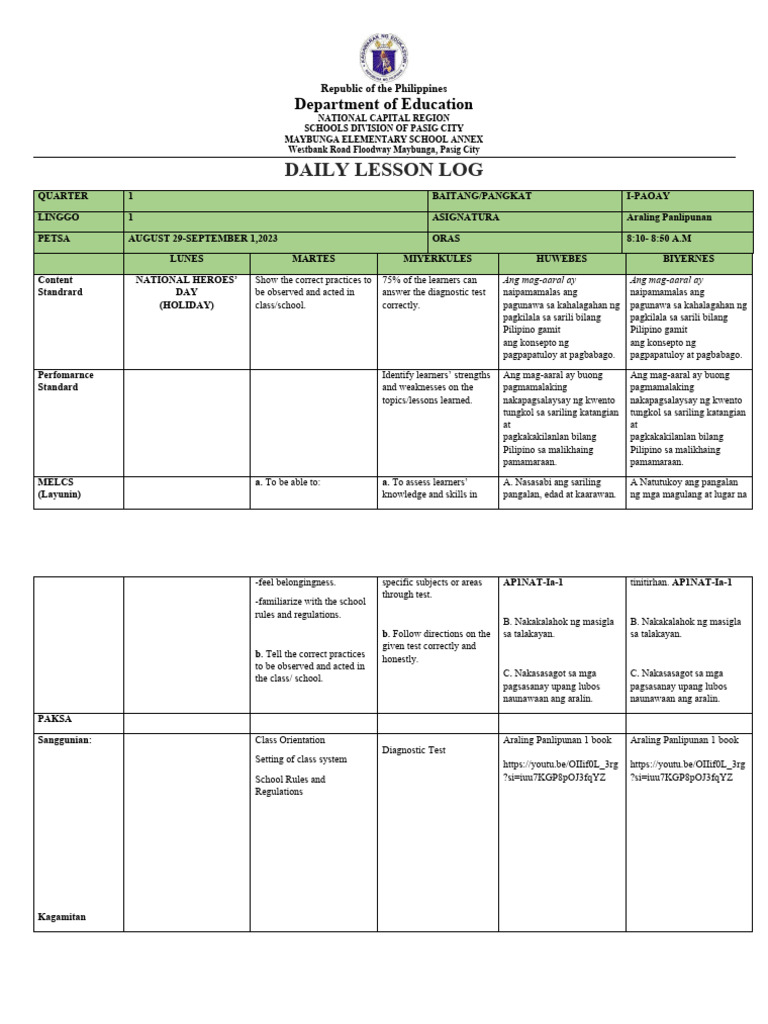 Daily Lesson Log: Department of Education | PDF