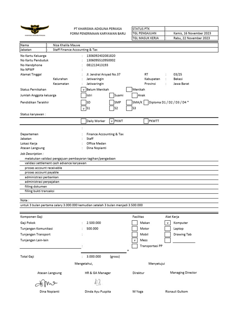 Form Penerimaan Karyawan Baru - Nisa Khalila Mauve - Staff FAT-1 | PDF