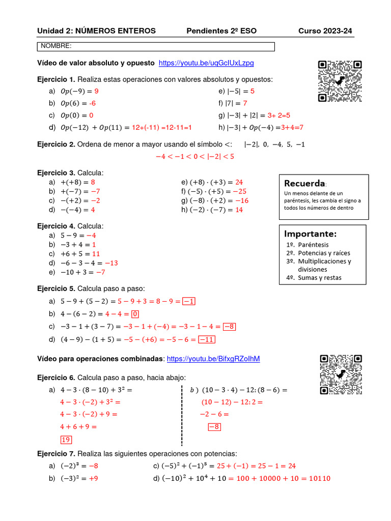 Operaciones con Números Enteros 2º ESO | PDF | Entero | Teoría del anillo