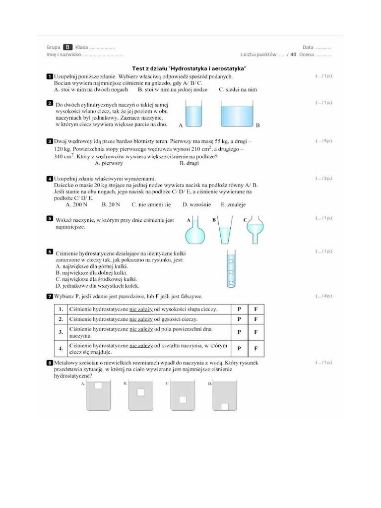 Fizyka Klasa 7 Sprawdzian Hydrostatyka I Aerostatyka Fizyka 7 Hydrostatyka B | PDF
