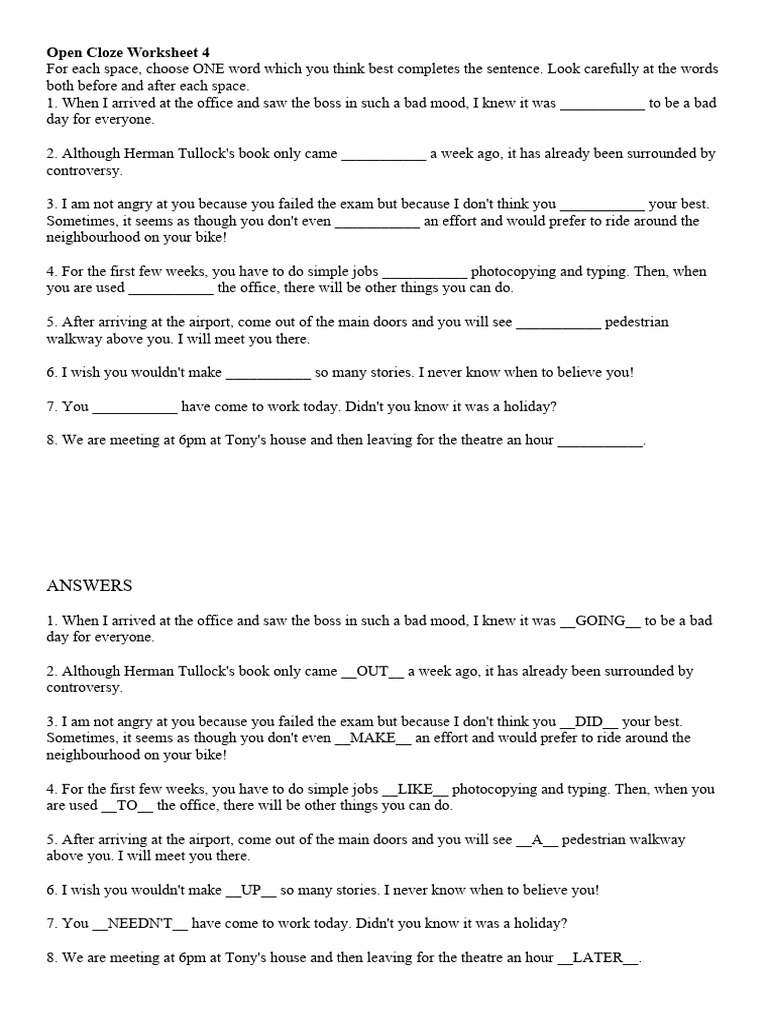Open Cloze Worksheet 4 | PDF