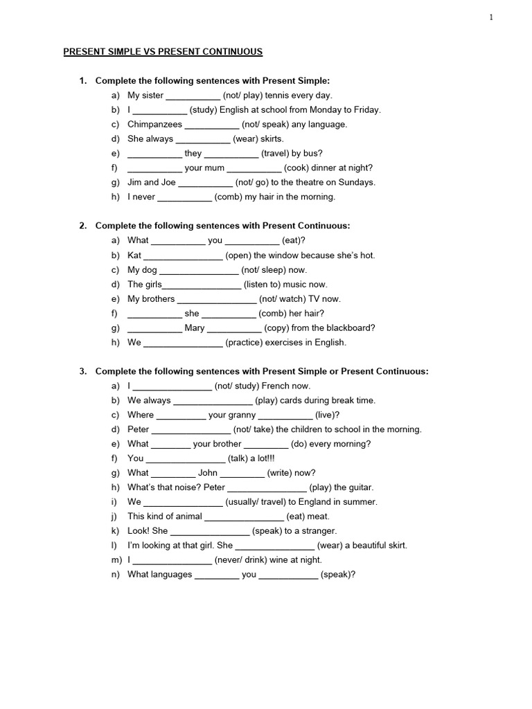Present Simple vs Continuous Exercises | PDF | Language Arts ...