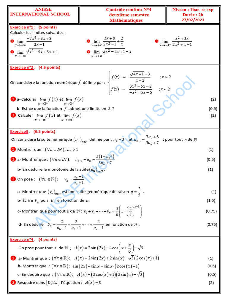 Contrôle de Mathématiques 1ère Bac SC | PDF