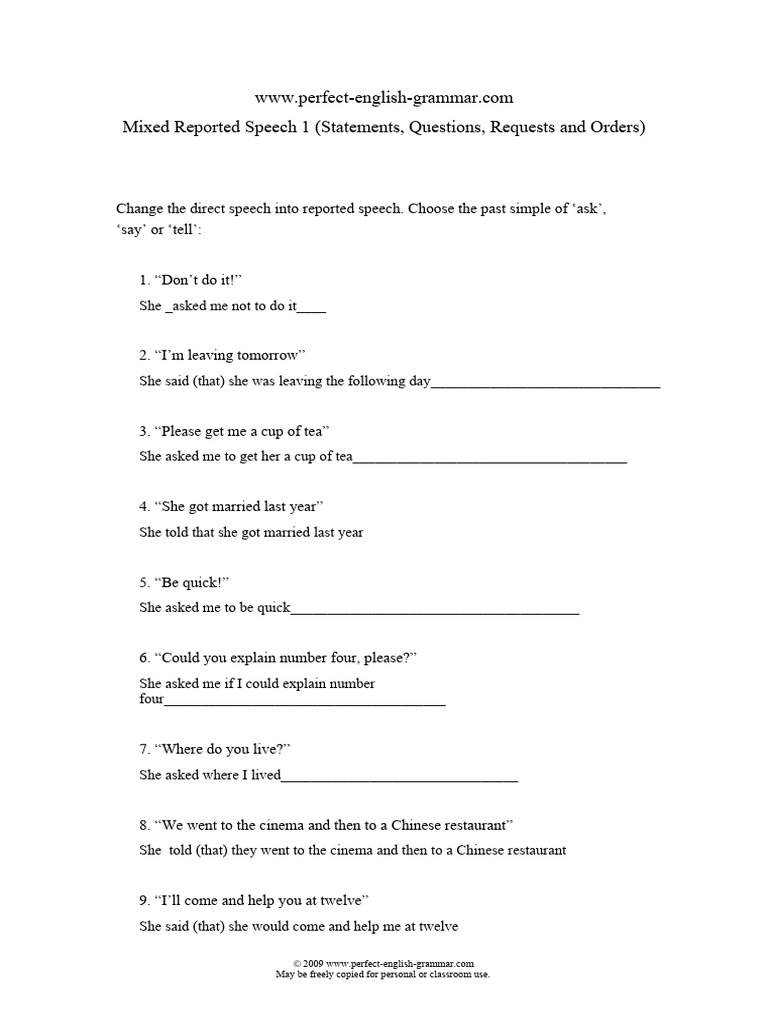 Reported Speech Mixed Exercise 1 Pdf