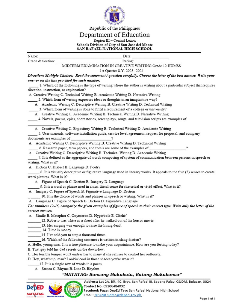 Grade 12 Creative Writing Midterm Exam | PDF