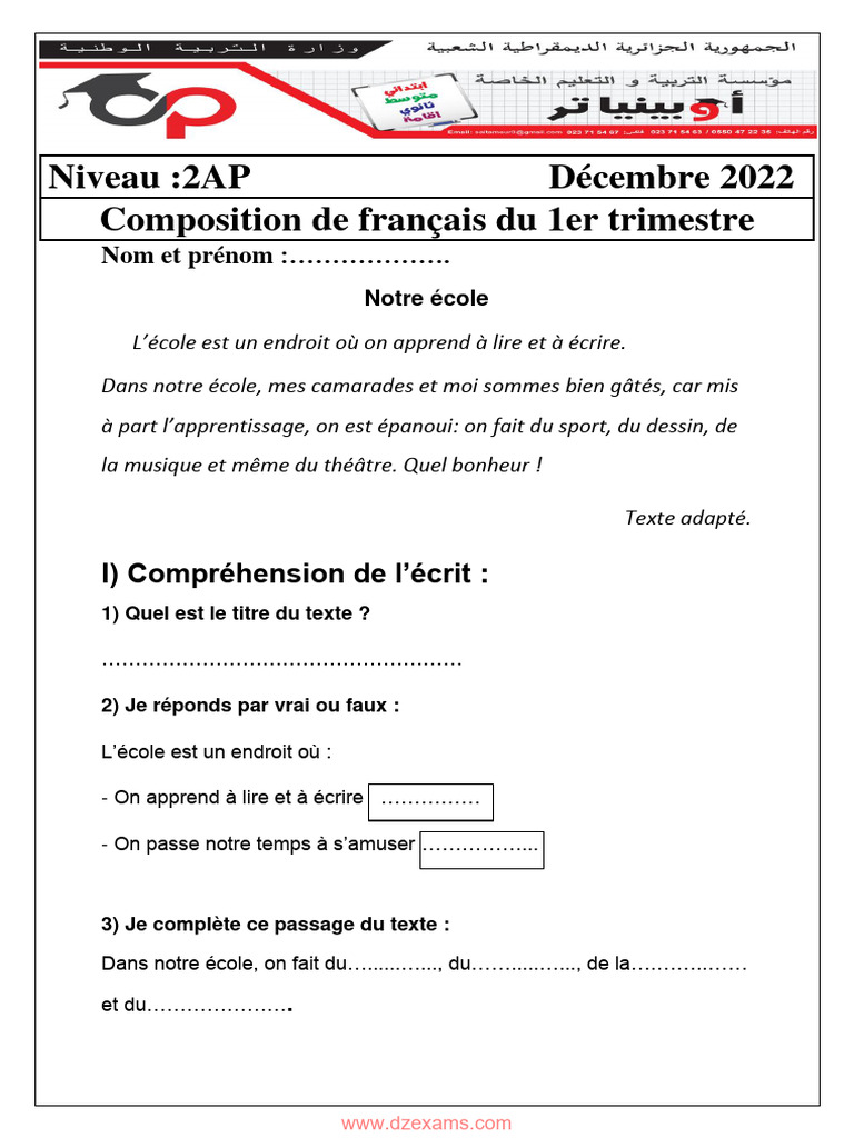 Examen de français 2AP - Décembre 2022 | PDF | Linguistique