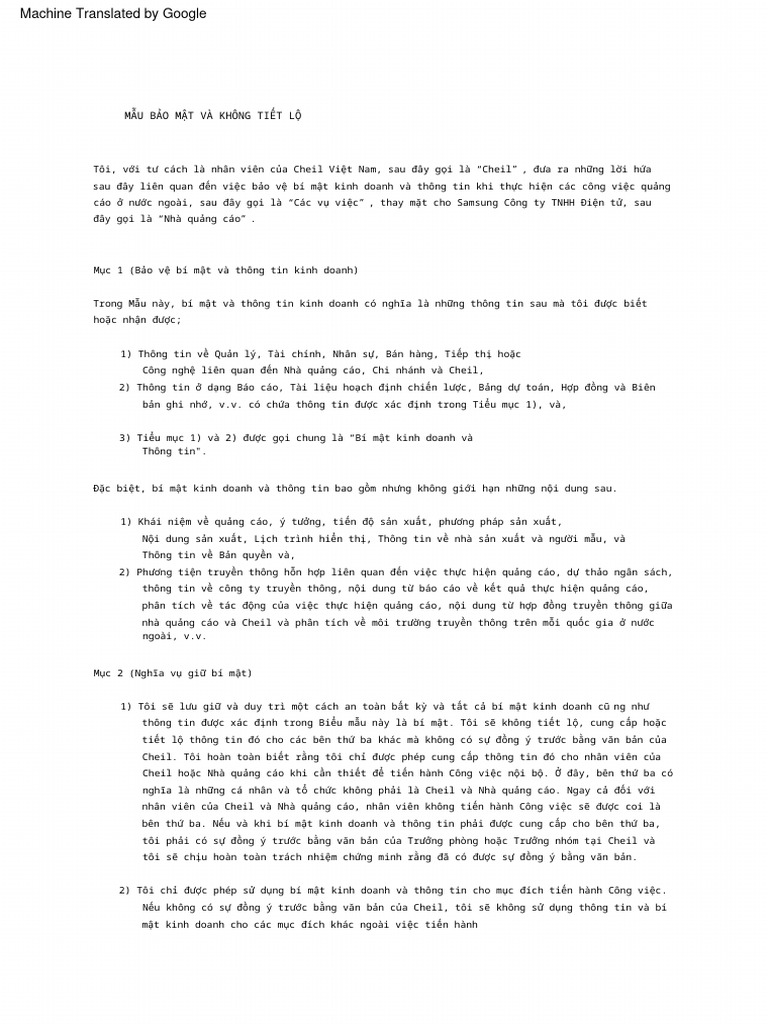Cheil - Samsung - NDA - English version-RHQ VN (Sep'20) | PDF